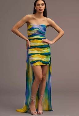 Vineet Bahl Blurred Sheer Ruched Strapless Mini Dress with Train